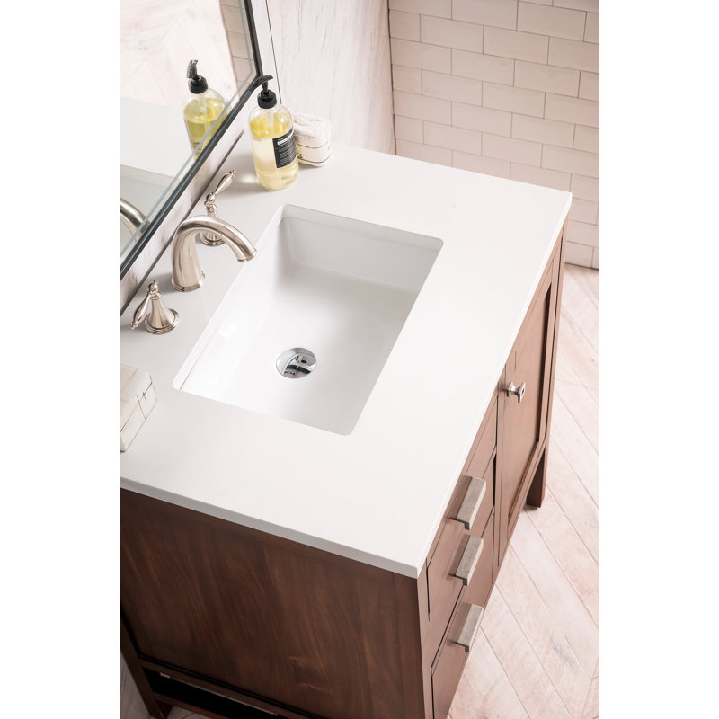 Addison 30'' Single Bathroom Vanity with Engineered Quartz Top, Mid Century Acacia, 8" Widespread, White Zeus