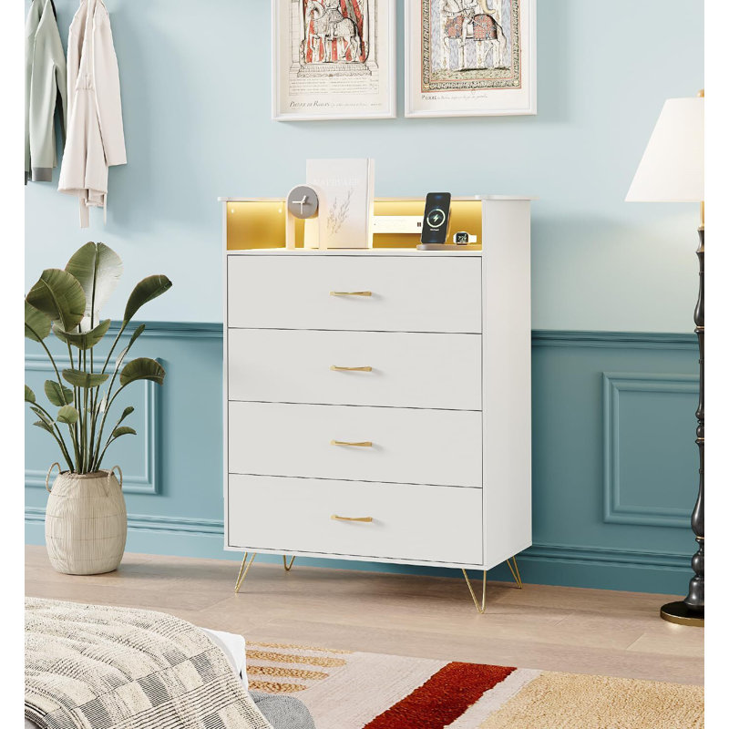 4-Drawer Wooden Dresser with LED Lights & Charging Station, Modern App-Controlled Storage Cabinet for Living Room, White