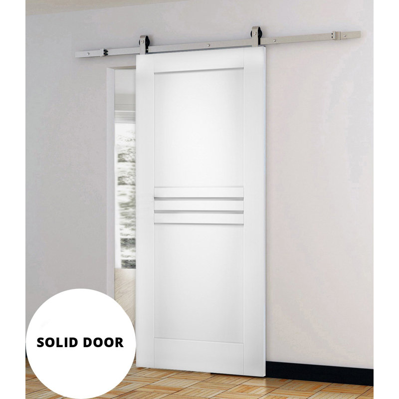 Porte de grange moderne avec quincaillerie Mela 7444, rail de 2 m (6,6 pi), porte intérieure à panneau plein, 81 cm x 244 cm (32 po x 96 po), rail argenté