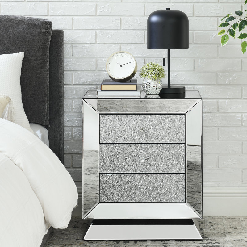 Armoire chic à trois tiroirs avec décoration en verre diamant étincelant - et verre, finition argentée, pour chambre à coucher, salon, miroir de luxe couloir pour bureau 22 po x 16,5 po x 26,4 po et poignées en cristal