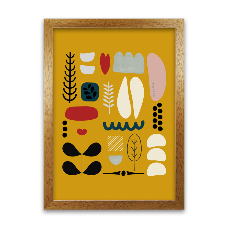 Scandinavian Folk On Yellow Original - Print, Oak Frame, 42cm H x 30cm W x 3cm D