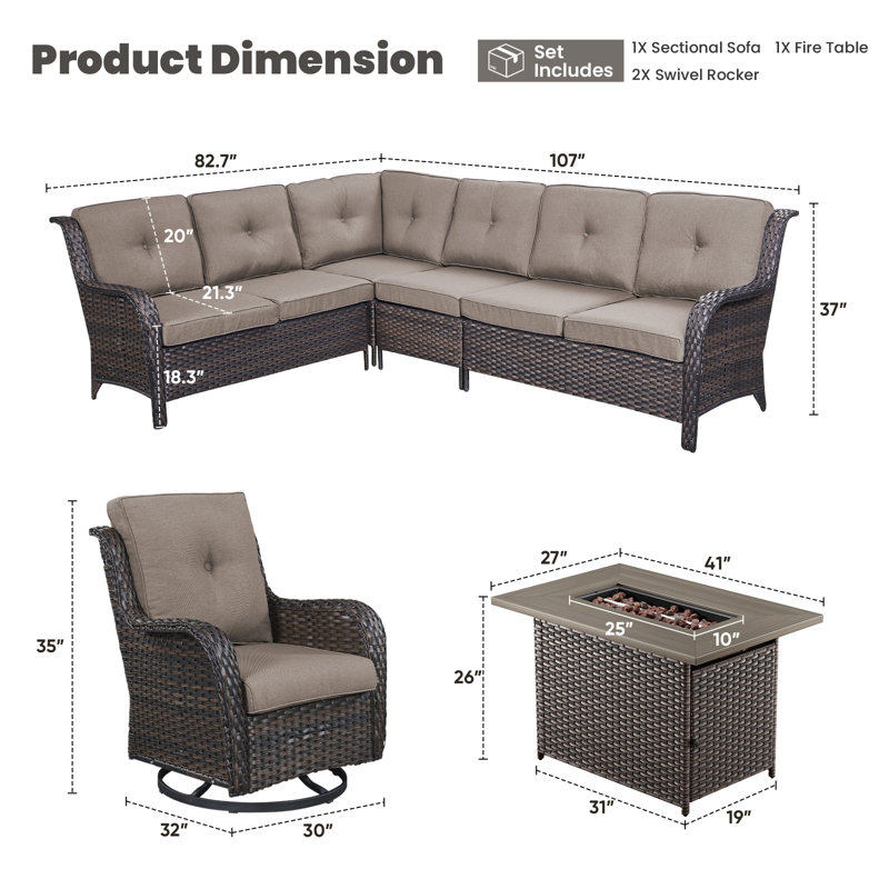 Dahlyla 8- Person Outdoor PE Wicker Sectional Seating Group with Fire Pit Table and Cushions, Brown, Gray