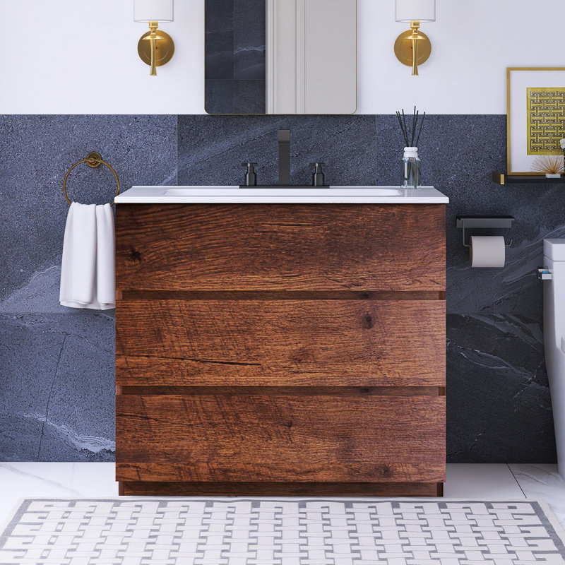 36 po W Meuble-lavabo simple avec lavabo et 3 trous de robinet, Noyer