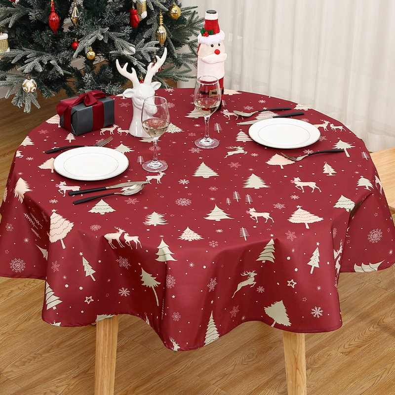 Nappe imperméable à motif de cerf de Noël, Rond 60 po, Rouge et or