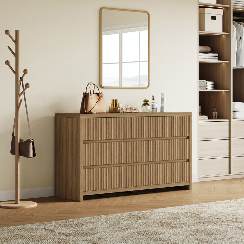 Allete 55.2"W Modern Fluted Panel 6-Drawer Dresser, Caramel Oak