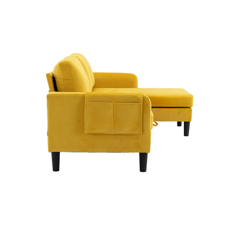 Ermon Upholstered Sofa Reversible Sectional Sleeper with Storage Chaise, Side Pocket, Mustard Polyester