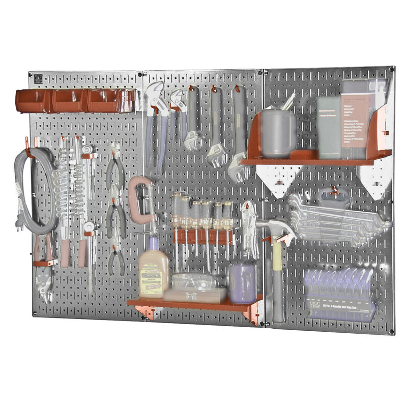 Ensemble de panneau perforé de rangement pour outils standard H 32 po x 48 po, Galvanisé et rouge
