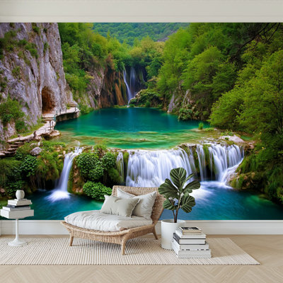 Peel and Stick Wallpaper 144" W x 100" H Modern Self Adhesive Wall Mural for Bedroom Enchanting Waterfall Cascading Green Landscape Turquoise Pools