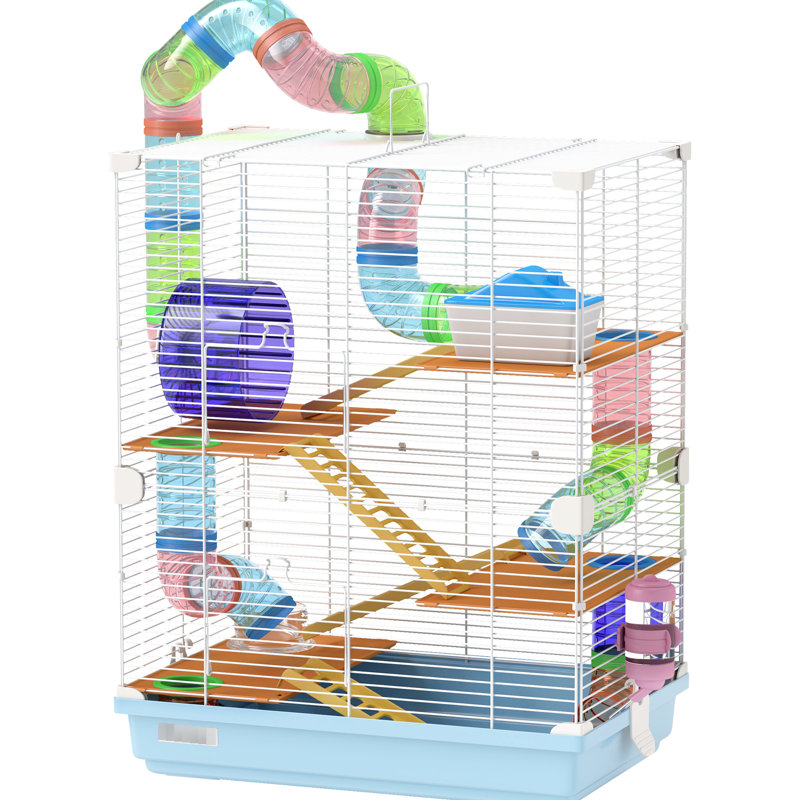 Cage à hamster bleue avec 5 tubes, tunnels, poignée portative, bouteille d'eau, plat de nourriture, roue d'exercice pour petits hamsters et poignée de 18 po - bleu, animaux vient