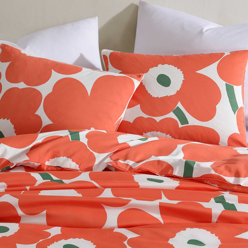 Unikko Orange/Green/White Organic Cotton Duvet Cover Set, Queen Duvet Cover + 2 Standard Shams, Orange/Green/White