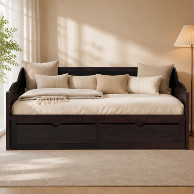 Wooden Daybed with Trundle Bed and Two Storage Drawers , Extendable Bed Daybed,Sofa Bed with Two Drawers, Espresso