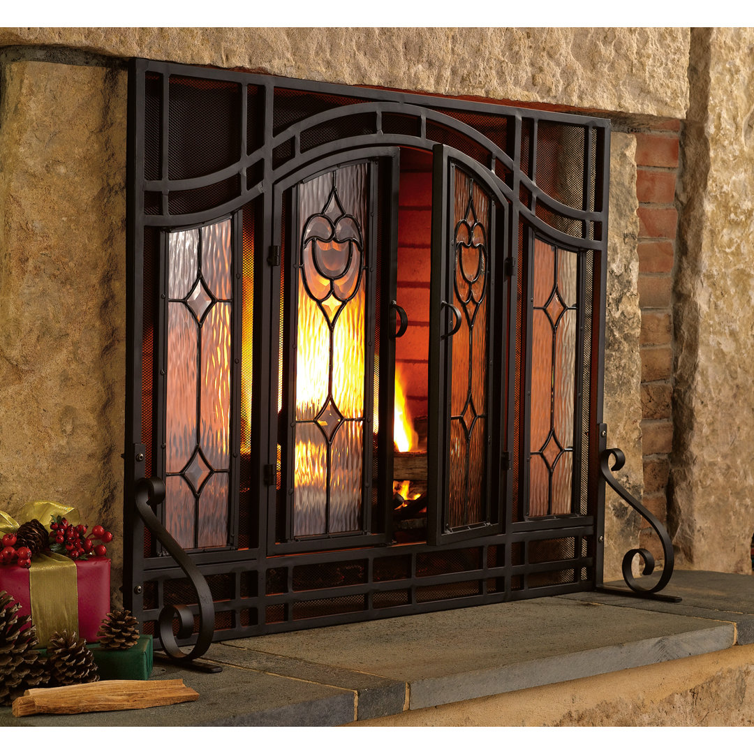 Two-Door Fireplace Screen with Tempered Glass Floral Panels Plow & Hearth