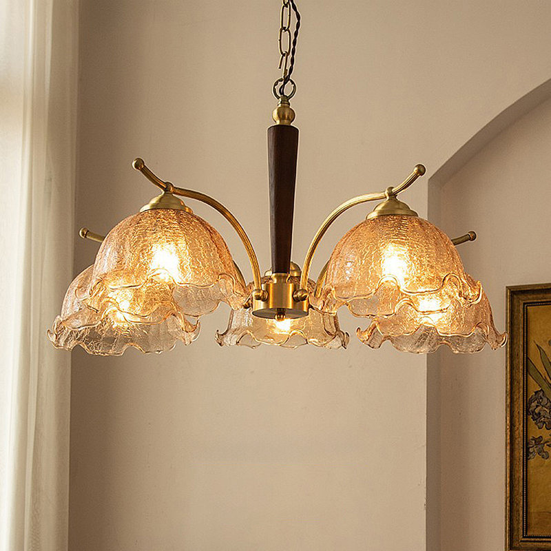 27.5" American Style Amber Crackled Glass Shade Chandelier Light With Walnut Deco