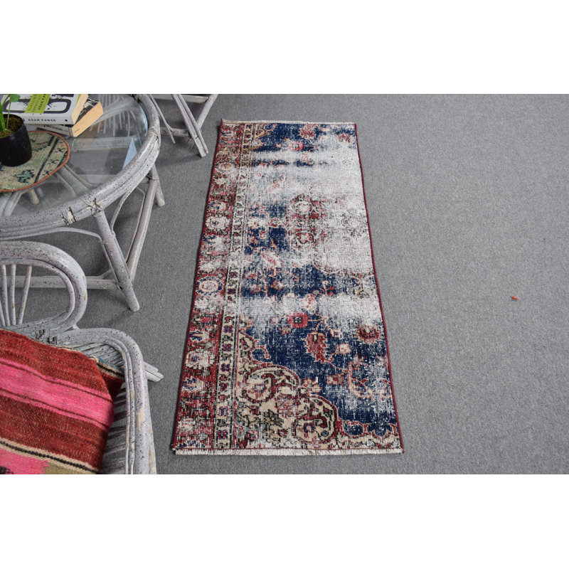 Small Navy Wool Turkish Anatolian Rug Perfect for Kitchen - Vintage and Faded Design 10109
