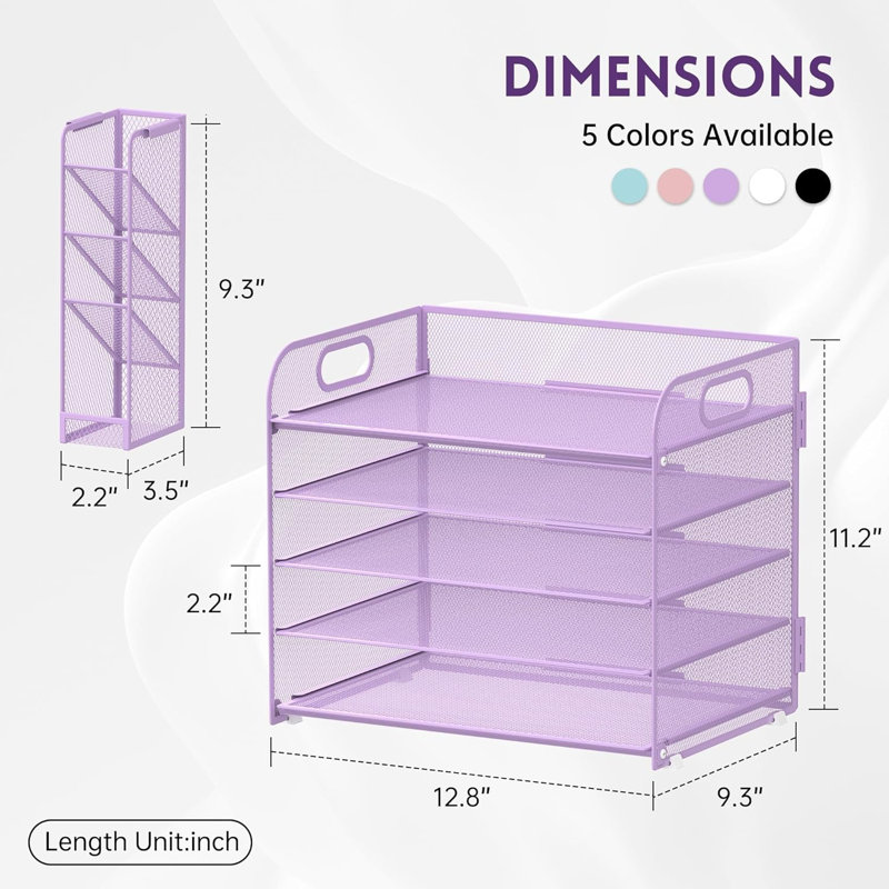 Organisateur de bureau en filet à 5 niveaux avec poignée et porte-stylos amovibles, Mauve