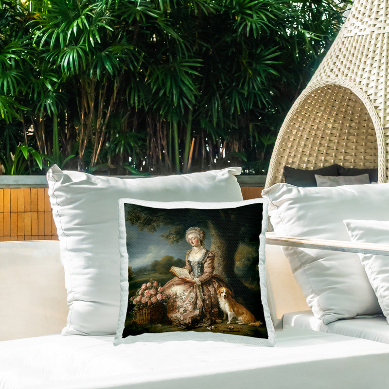 Coussin d'extérieur imprimé femme rococo avec chien, design The Wands Want
