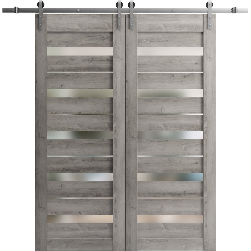 Portes de grange doubles en verre givré Quadro, 36 po x 80 po, Gris Nebraska