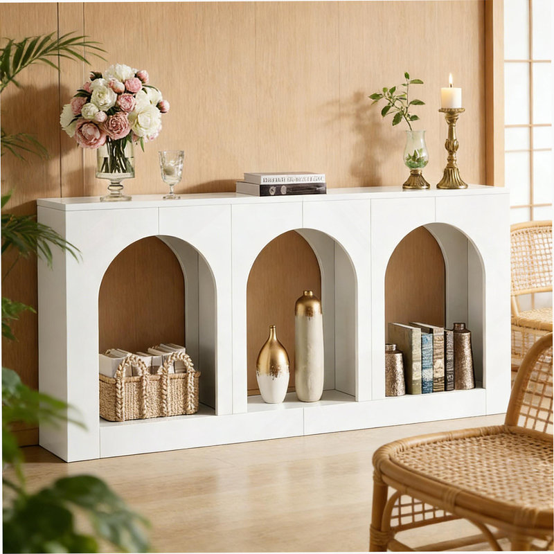 Élégante table d'appoint Arches, table d'entrée avec trois découpes arquées pour le rangement et la présentation, console stable et polyvalente