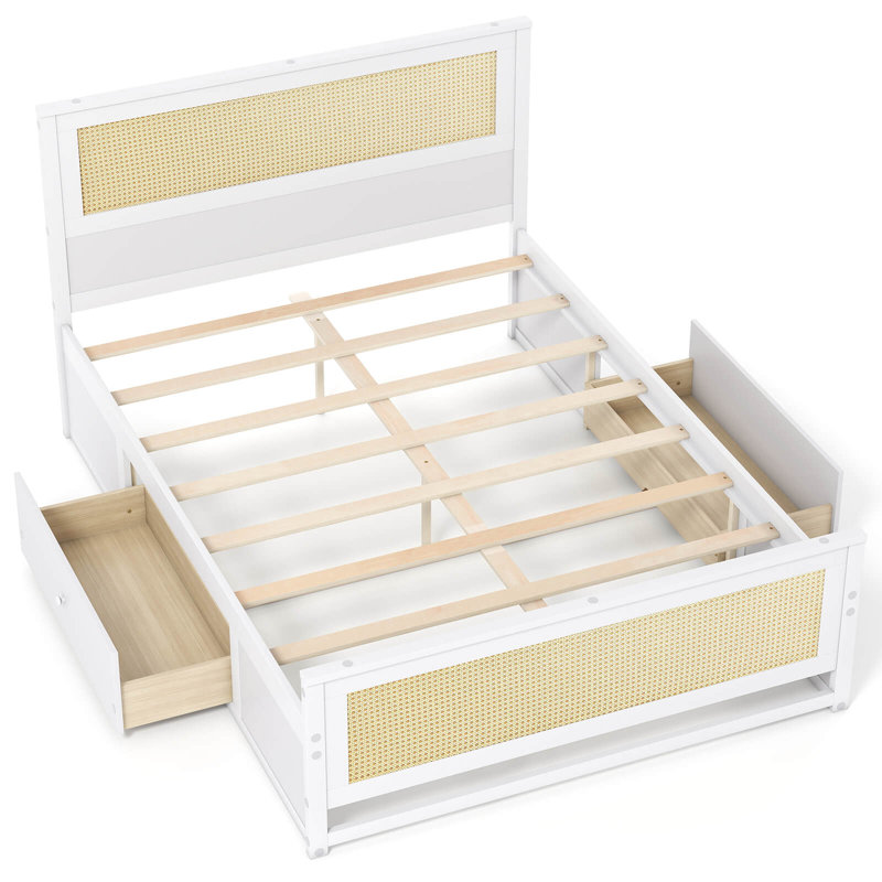 Structure de lit double en rotin avec tête de lit, 2 tiroirs de rangement et espace, blanc, Full / Double, White