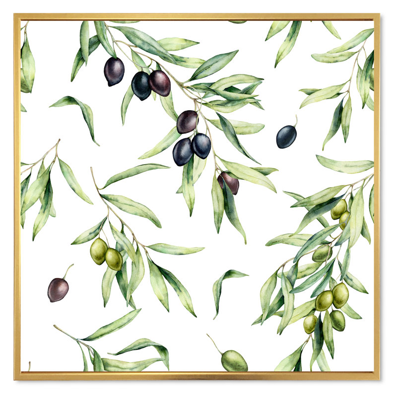 Olives vertes et noires avec branches et feuilles d'olivier - peinture sur toile à cadre flottant, Toile encadrée d'or