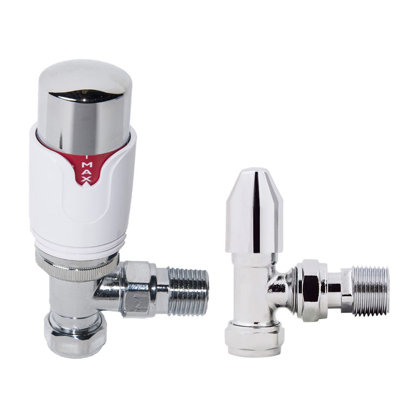 Thermostatic TRV Valve And Manual Radiator Rad Valve Angled Pair 15Mm X 1/2" White Chrome