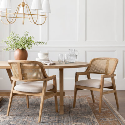 Ansel Mid-Century Modern Rubberwood Dining Chairs with Cane Back and Upholstered Seat