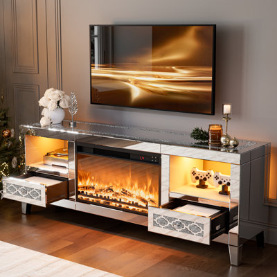Silver Mirrored Fireplace TV Stand, Modern TV Stand Entertainment Centre with Fireplace - Open Shelves & Drawers, Led Lights, Adjustable Heat & 3D Flame Effect, Crushed Diamonds, Fits Tvs Up To 65"+
