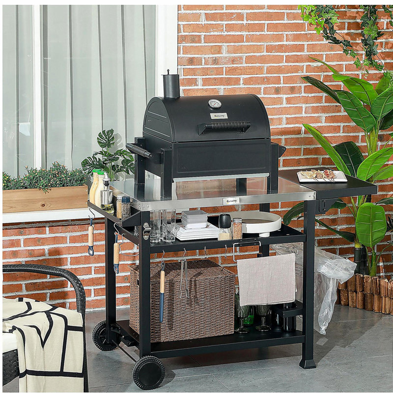 Outdoor Barbecue Cart with Folding Side Table, 46" x 21.75" multi-functional stainless steel pizza oven stand with three tiers, with mobile food preparation table, black
