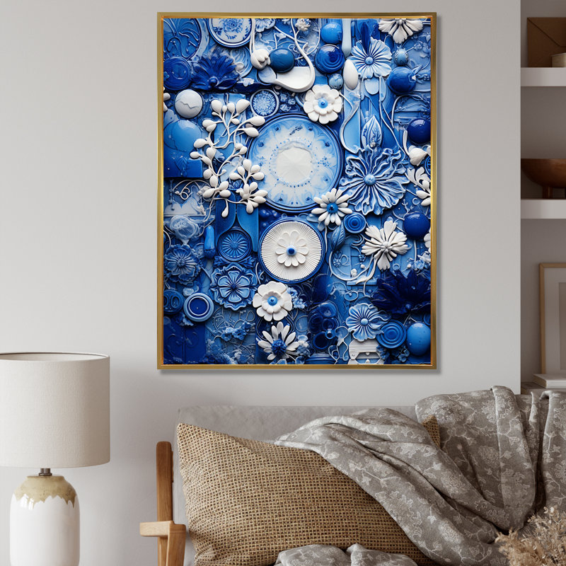«Blue and White Botanical Tiles III» - art mural botanique, Cadre flottant doré, H 32 po x l 24 po x P 1 po