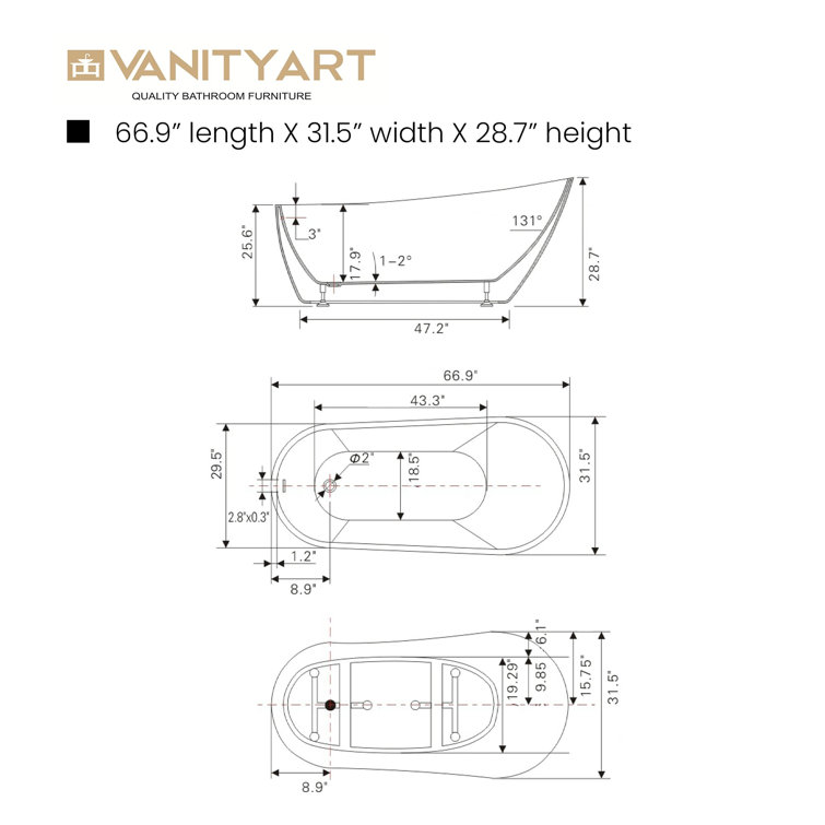 Vanity Art Cora 67 x 32 Freestanding Acrylic Bathtub & Reviews