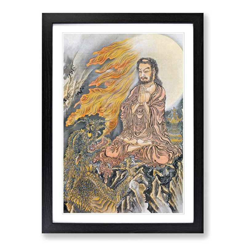 Shakyamuni Conquering the Demons by Kawanabe Kyosai - Picture Frame Painting Print, Black Framed, 48cm H x 36cm W x 2cm D