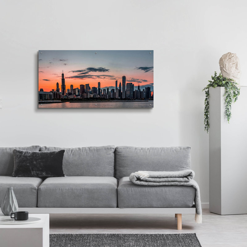 «Chicago Skyline Sunset» par Rich Monet, art mural en verre acrylique, 48 po x 24 po, 48 po x 24 po