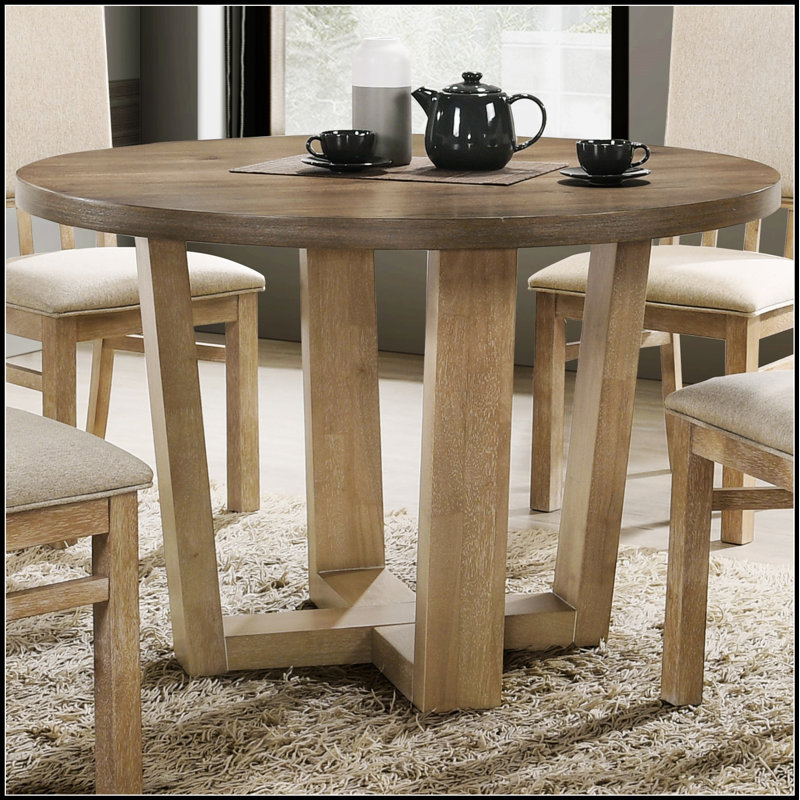 Table de salle à manger ronde Brutus de 47 pouces de large avec finition noyer rétro et base de couleur blé, parfaite pour un décor moderne et traditionnel