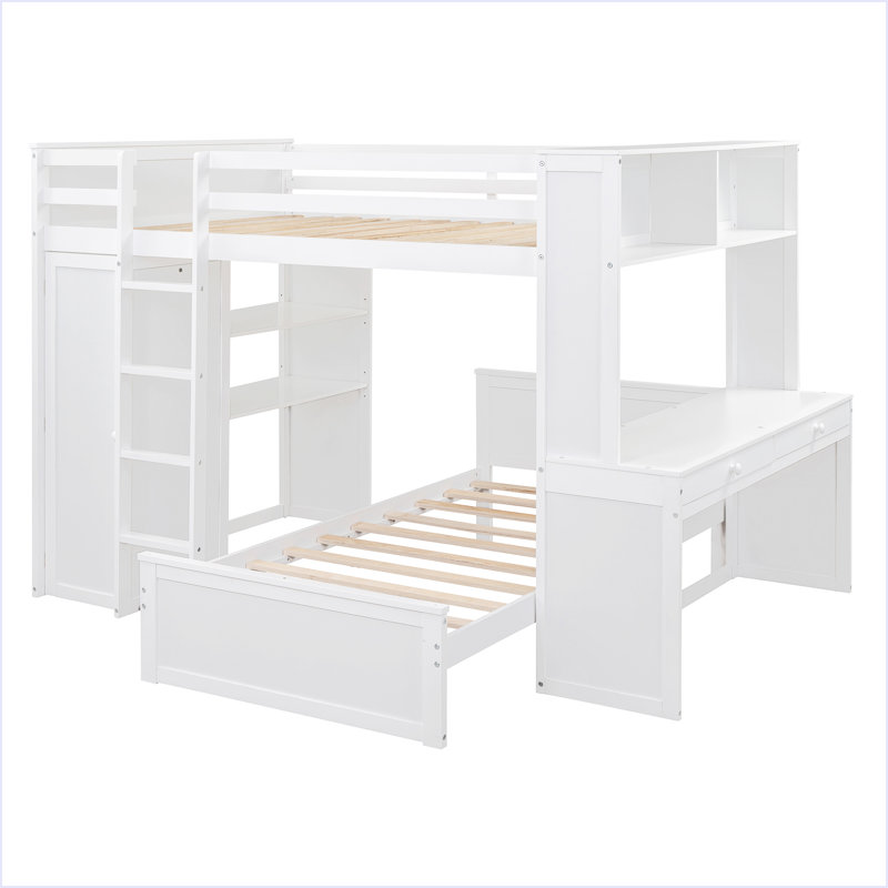 Lit mezzanine avec lit autonome, tablettes, bureau et garde-robe, Blanc, Lit double