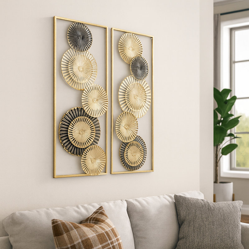 Decorative Open Metal Wall Art Panel Hanging for Home Decor - Modern Glam Wall Accent for Dining Room Display - Set of 2, 32", Gold & White