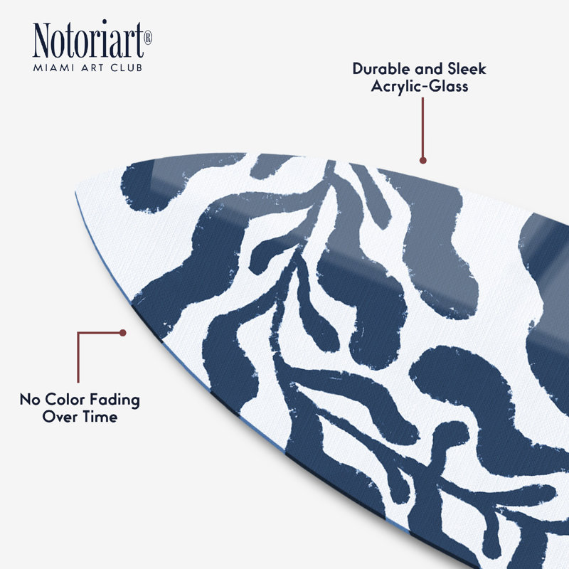 Blue and White Leaf I Surfboard Acrylic Coastal Wall Art by Notoriart