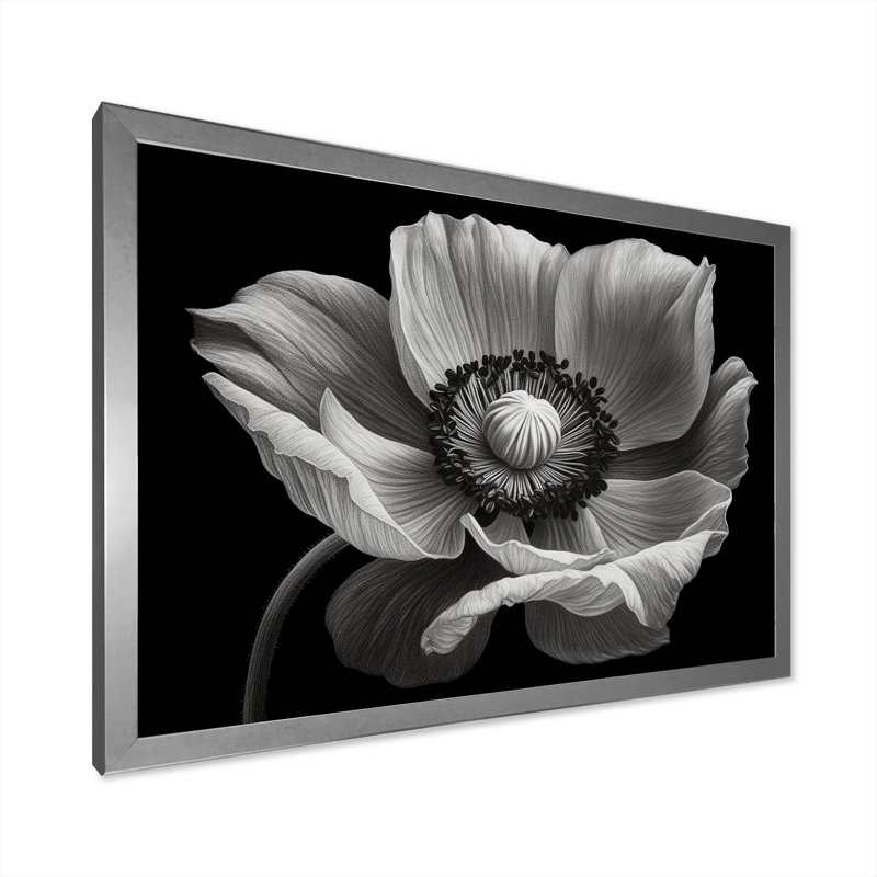 " Black And White Mist Poppies ", Silver Single Picture Framed, 30" H x 40" W x 1.5" D