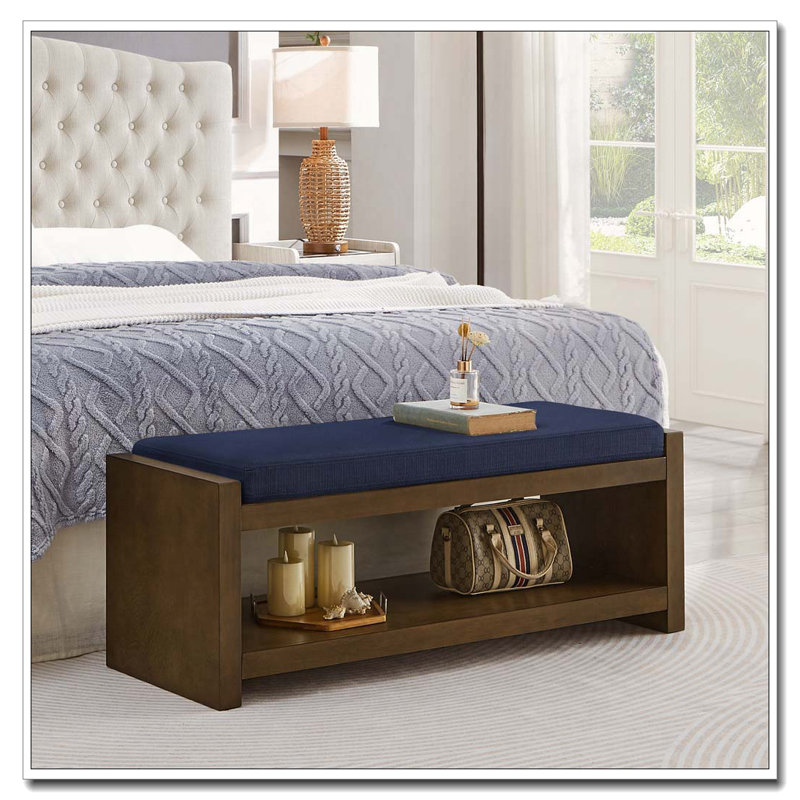 Banc de rangement à structure en bois avec coussin amovible, tablette inférieure, Marine