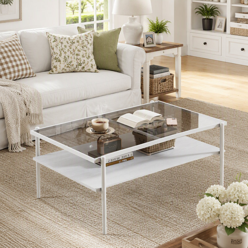 Table basse rectangulaire avec plateau en verre trempé gris et pieds blancs, table de salon moderne, Grey Top/White Base