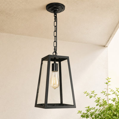 Outdoor Hanging Lantern,Weatherproof Rust-resistant Outdoor Pendant Light with Adjustable Chain,E26 Bulb Included,Trapezoid Matte Black Porch Light for Entryway Patio Balcony