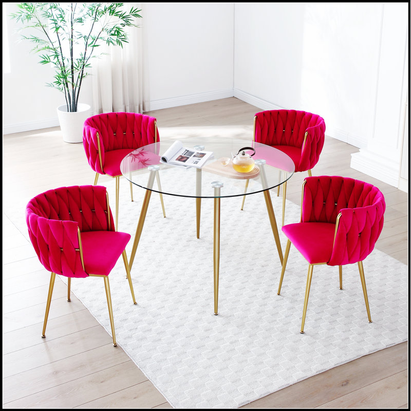 Ensemble de 2 chaises de salle à manger modernes en velours avec dossier tissé et pieds en métal doré, Velours rouge
