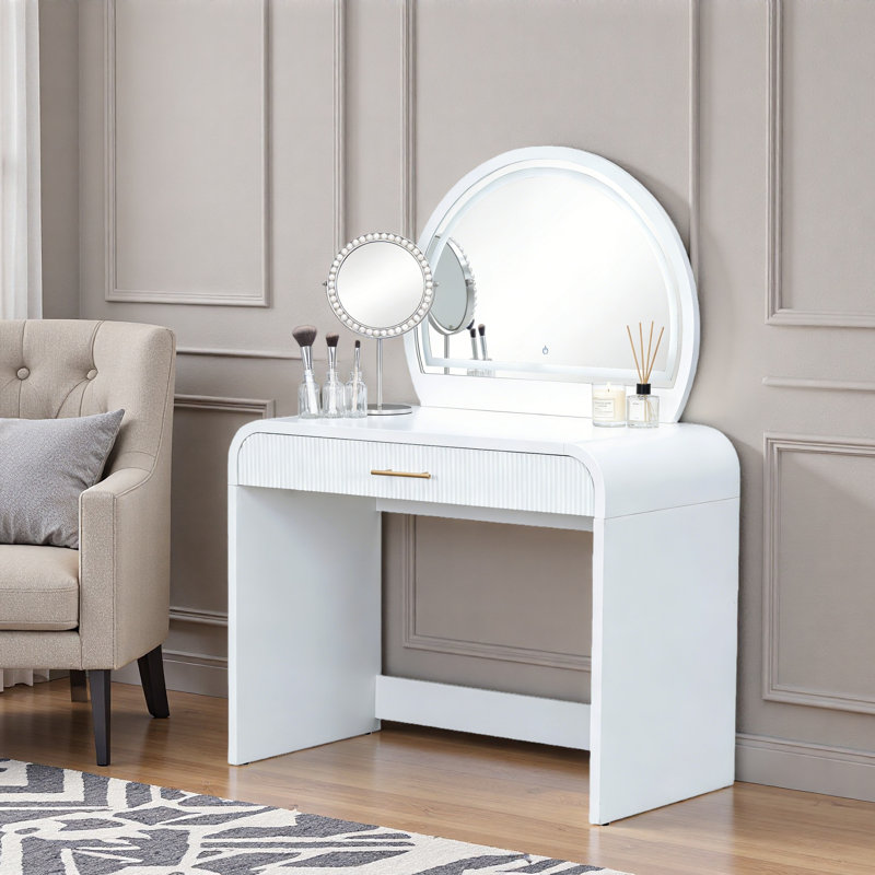 Coiffeuse de maquillage avec miroir lumineux à écran tactile, coiffeuse avec tiroir et bords arrondis