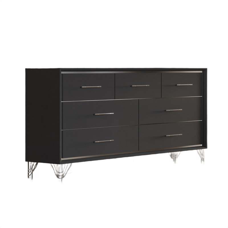 Commode large Zoe, ébène moderne noir et argent, 7 tiroirs, chrome