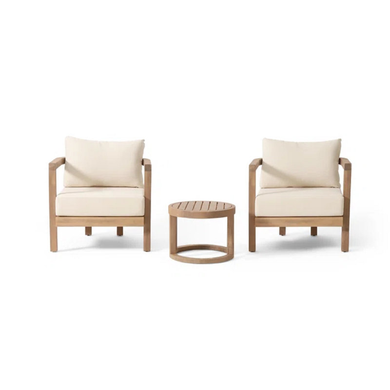 Ensemble de conversation 3 pièces pour terrasse, siège de conversation en bois d'acacia avec table pour porche, jardin, cour arrière, balcon, brun délavé, coussin beige