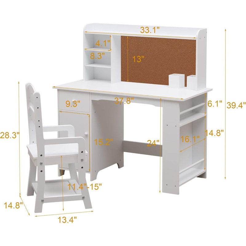 Kids Study Desk And Chair Set, Features Bookshelf, Bulletin Board, And Cabinets