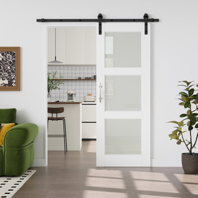 No Assembly Required Panel, 3-Lite Frosted Glass Barn Door Sliding White Finished Solid + Manufactured Wood Closet Pantry Doors with Double-sided Handle