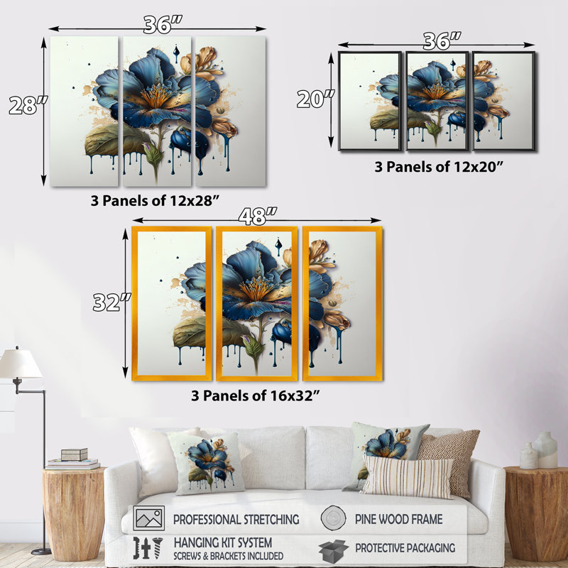 Fleurs réalistes II - reproduction de 3 pièces, H 28 po x l 36 po x P 1 po, Encadrement doré