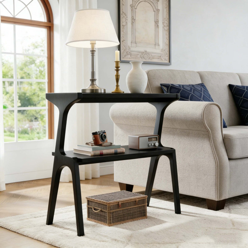 Table d'appoint à 2 niveaux en bois massif avec tablette de rangement, Noir