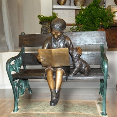 Girl Reading & Sitting with Dog on Bench Bronze Statue, Perfect Artistic Sculpture, 27" x 39" x 32"H