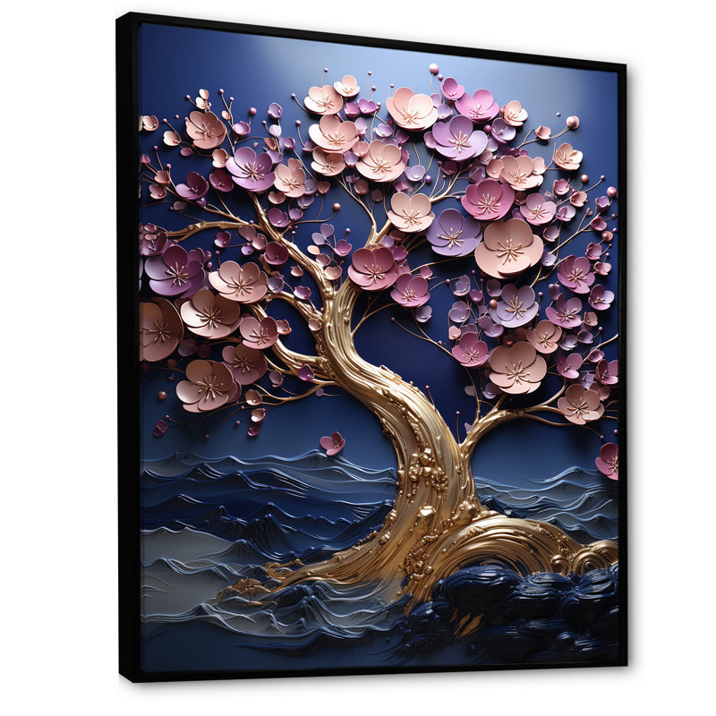 Orchidée dorée, jardin de branches II - art mural arbre, H 40 po x l 30 po x P 1,5 po, Cadre flottant noir